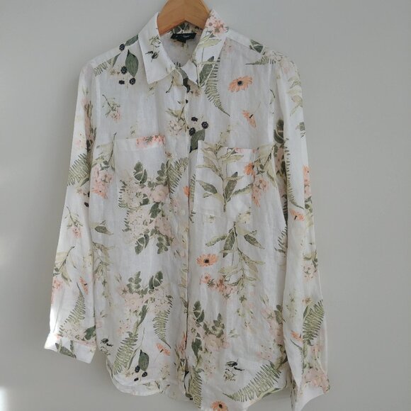 Lord + Taylor 100% linen off white cream button down shirt blouse floral Small - Picture 5 of 16